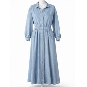 FADS Denim Button Front Maxi Shirt Dress Long Sleeve Elastic Waist Pockets L